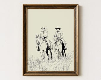 Cowboys on Horses Sketch Sketch Print | Western Wall Art | Vintage Horse Sketch | Farmhouse Wall Decor Country Art | COH2