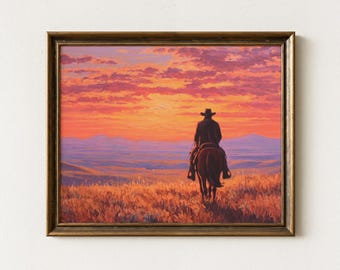 カウボーイの夕焼けの絵 馬の油絵 西洋画 南西部のアート カウボーイの