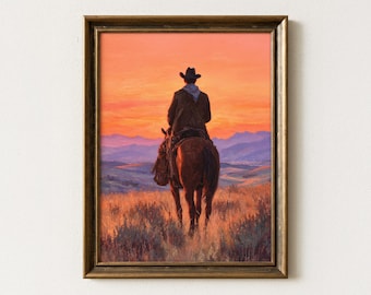 カウボーイの夕焼けの絵 馬の油絵 西洋画 南西部のアート カウボーイの