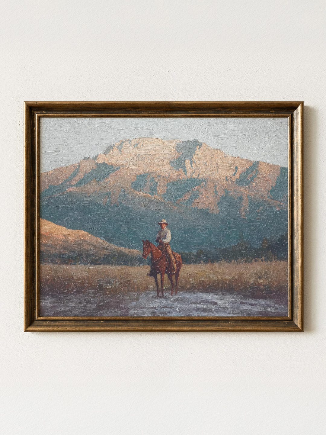 Vintage Cowboy Painting Print | Western Mountain Landscape Wall Art ...