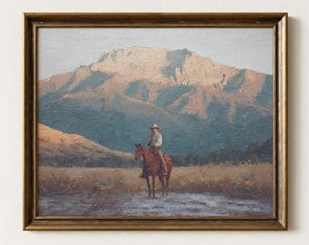 Vintage Cowboy Painting Print | Western Mountain Landscape Wall Art | VCP3