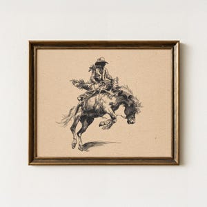 Impresión vintage de dibujo de vaquero montando un caballo bronco / Arte de rodeo retro, arte de pared bohemio del suroeste / Póster de equitación, decoración de pared de caballo retro / VCB4