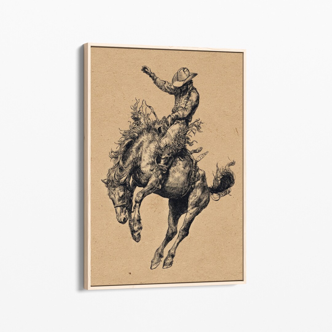 Vintage Cowboy Bucking Bronco Horse Sketch Canvas Print | Retro Rodeo ...