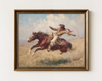 Vintage cowboy som rider på en vild häst i öknen, oljemålning | Rustikt westernkonsttryck i öknen | VCR3