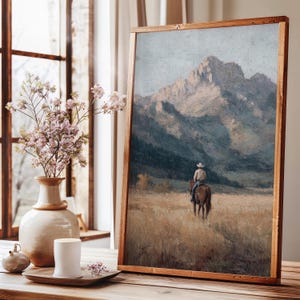 Vintage Cowboy Painting Print | Western Mountain Landscape Wall Art | VCP2 image 4