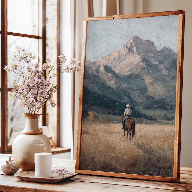 Vintage Cowboy Painting Print | Western Mountain Landscape Wall Art | VCP2 image 4