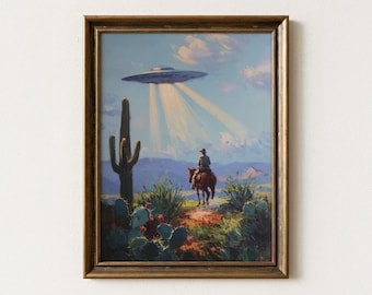 Retro Western UFO Abduction Painting Print | Surreal Western Art | Desert Landscape | Sci-Fi Wall Art | RWU1