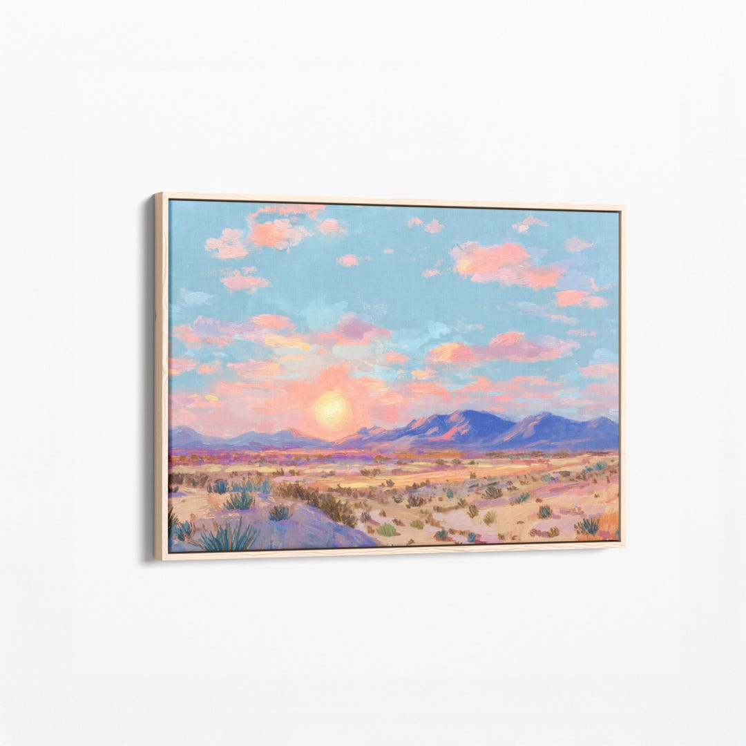 Pastel Desert Landscape Oil Painting Canvas Print | Vintage Mid-Century Modern Western Art | Texas Desert Cactus Art | PDC3 - 20x28" Black Frame