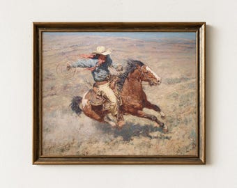 Oljemålning med vintagecowboy som rider på en vild häst i öknen | Rustikt westernkonsttryck i öknen | VCR4