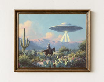 Retro Western UFO Abduction Painting Print | Surreal Western Art | Desert Landscape | Sci-Fi Wall Art | RWU2