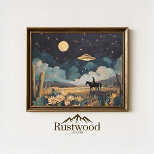 May include: A framed painting shows a cowboy riding a horse beneath a starry night sky, with a UFO overhead. The artwork features a desert landscape with cacti and a full moon. The frame is gold-toned, and the painting is signed "Rustwood Gallery".