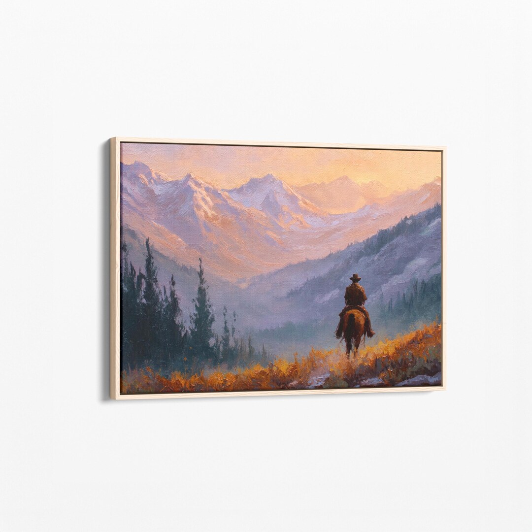Vintage Landscape Cowboy Painting Canvas Print | Western Wall Art | Mid ...