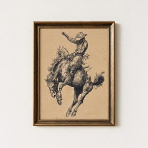 Impresión vintage de dibujo de vaquero montando un caballo bronco / Arte de rodeo retro, arte de pared bohemio del suroeste / Póster de equitación, decoración de pared de caballo retro / VCB2