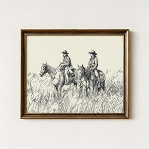 Impresión de bocetos de vaqueras a caballo / Arte de pared occidental / Boceto de caballo vintage / Decoración de pared de granja / Arte campestre / CGH3