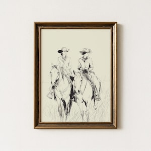 Impresión de bocetos de vaqueras a caballo / Arte de pared occidental / Boceto de caballo vintage / Decoración de pared de granja / Arte campestre / CGH1