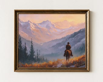 カウボーイの夕焼けの絵 馬の油絵 西洋画 南西部のアート カウボーイの