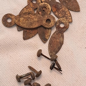 May include: A group of eight antique brass-colored metal tabs with a hole in the center and a rounded edge. There are also 12 antique brass-colored metal tacks with a round head and a sharp point.