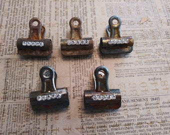 Rusted Bulldog Clips with Rhinestone Trim, Junk Journal Embellishments, Set of 5
