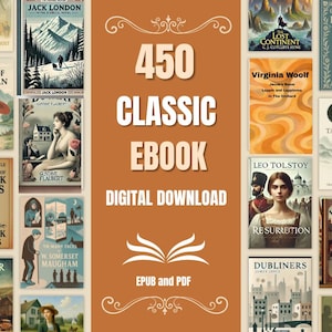 Pode incluir: Uma coleção de capas de ebooks clássicos, incluindo títulos como "Jack London", "Sherlock Holmes" e "Jane Eyre". O gráfico central diz "450 CLASSIC EBOOK DIGITAL DOWNLOAD" com "EPUB and PDF" abaixo. O esquema de cores é quente, com um fundo castanho.