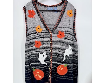ヴィンテージ Liz & Me ニット セーター ベスト ハロウィン 秋 ゴースト パンプキン 葉っぱ 3X 26/28