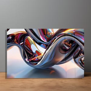 May include: A rectangular wall art piece featuring a high-gloss, abstract composition of fluid, metallic ribbons. The design displays swirling chrome-like surfaces with vibrant reflections of red, orange, blue, and purple hues throughout.