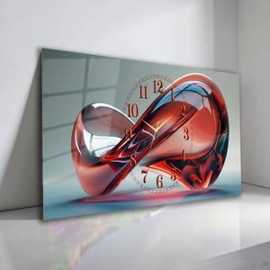 May include: A rectangular wall clock featuring a glossy, abstract red and silver infinity-shaped form. The clock face is overlaid with thin, dark circular markings and orange numerals from 1 to 12, with slender gold hands at the center.