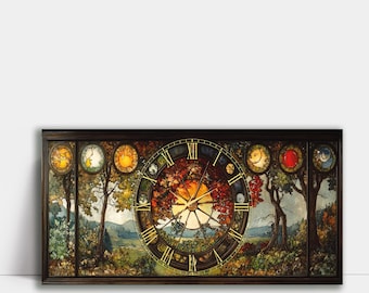 Large Glass Wall Clock 43x20" Over the Bed Decor Art Nouveau Stained Glass Seasons Clock Silent Mechanism Panoramic Home Office Art