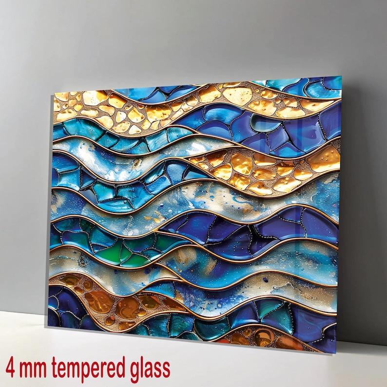 Tempered Glass Wall Art,glass Wall Art,blue Gold Wave Glass Wall Art ...
