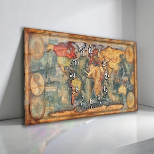 May include: A rectangular wall clock featuring a vintage world map design. The clock face is integrated into the map, with black numerals and gold hands. The clock has a wooden frame and a distressed, antique aesthetic.