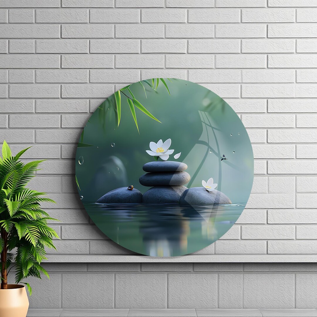 Round Glass Wall Art Zen Balance Stones Decor Large Circle Tempered ...