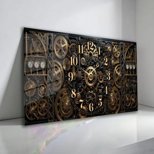May include: A rectangular wall clock with a steampunk design. The clock features a complex arrangement of gears, dials, and other mechanical elements in gold and black. The clock face displays large, gold numerals. The clock measures approximately 120 cm in length.