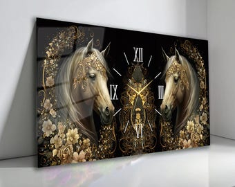 Large Panoramic Horse Glass Wall Clock 43x20",Luxury Gold-Black Stallion Wall Art,Modern Tempered Glass Clock,Elegant Equestrian Home Decor