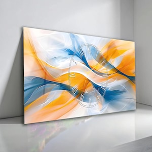 May include: Abstract wall art featuring a clock face overlayed on a vibrant design. The artwork showcases flowing patterns in shades of blue, orange, and white. The clock face has Roman numerals.