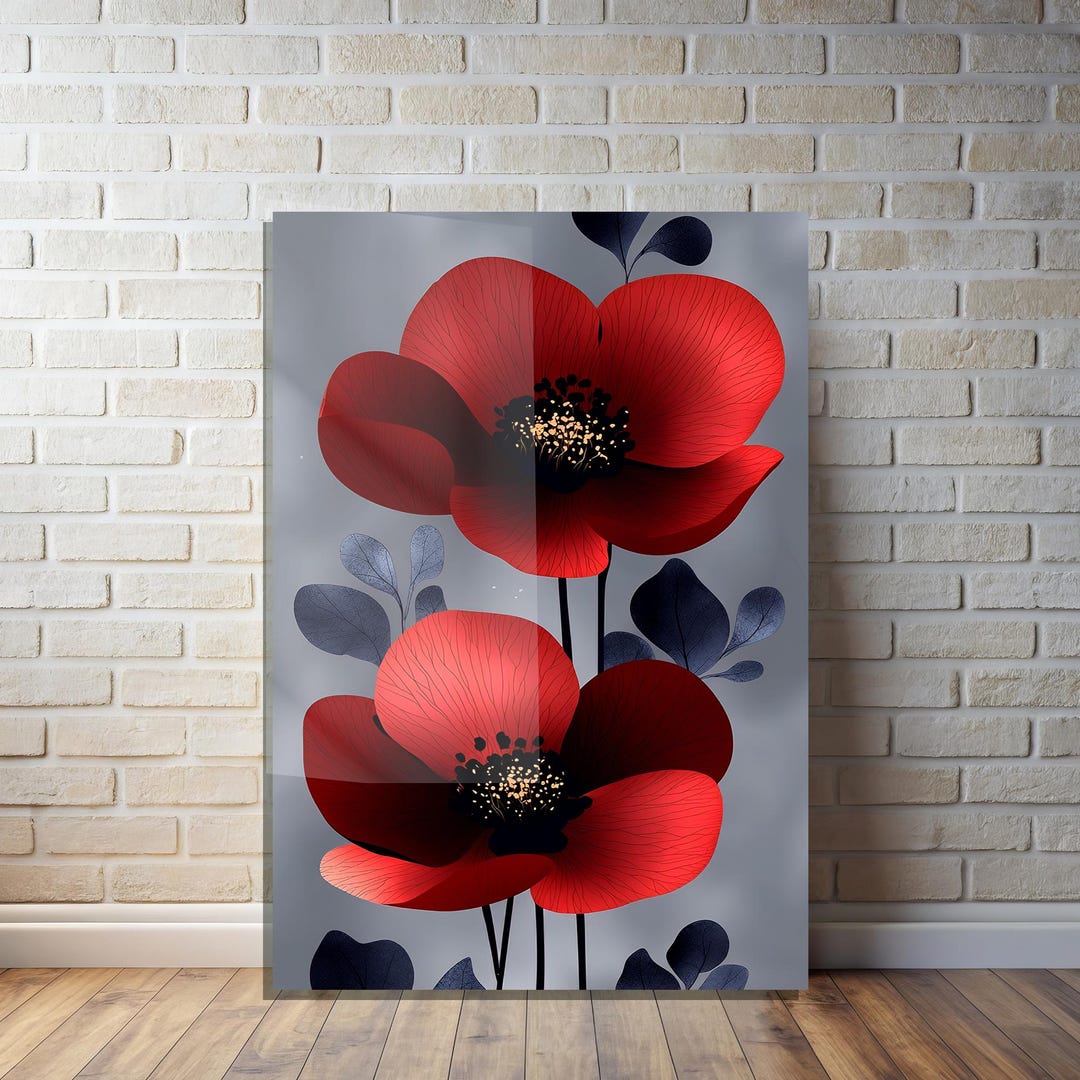 Red Flower Glass Wall Art Vertical | Floral Tempered Glass Decor ...