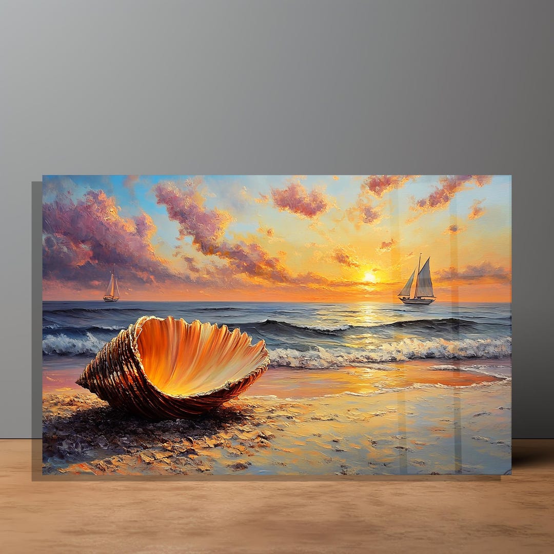Large Glass Wall Art Golden Seashell Ocean Sunset Decor Tempered Glass ...