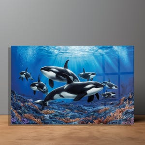 Puede incluir: Impresión digital de un grupo de orcas nadando en el océano. Las orcas son negras y blancas, con un fondo oceánico azul y corales. Una obra de arte.