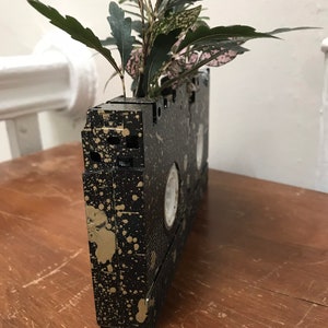 Pu&ograve; includere: Un vaso da fiori a forma di cassetta VHS nera con schizzi di vernice dorata, che contiene due piante verdi con foglie rosa e bianche.