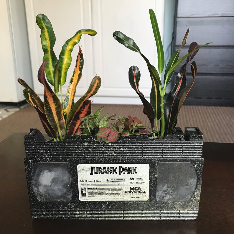 Recycled VHS tape indoor planter plant holder succulent Jurassic Park