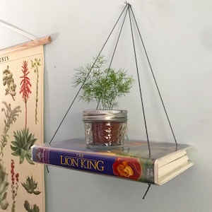May include: A hanging shelf made from a book, with the title "The Lion King" visible. A small potted plant in a glass jar sits on the shelf. The shelf is suspended by dark gray cords from a single point on the wall.