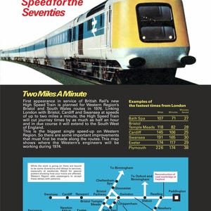 以下が含まれることがあります： 青、黄、白の高速列車を写した広告。テキストには「Speed for the Seventies」と「Two Miles A Minute」と書かれています。ルートマップと移動時間も含まれています。