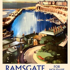 Puede incluir: Cartel de viaje vintage de Ramsgate, con una escena portuaria con barcos y edificios. El cartel tiene el texto "Ramsgate for Holidays" y "British Railways".