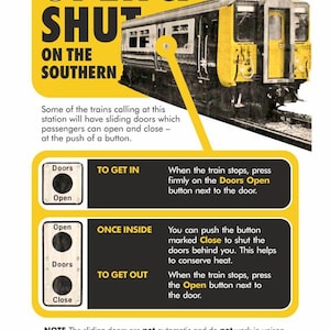 May include: A yellow and black informational poster for the Southern train line. The poster features a train illustration and instructions on how to open and close the train doors. Text includes "Open & Shut" and "Southern".