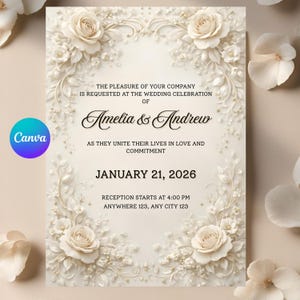 May include: Ivory wedding invitation with floral embellishments. The invitation features the names "Amelia & Andrew" and the date "January 21, 2026". The text reads "The pleasure of your company is requested at the wedding celebration of..."