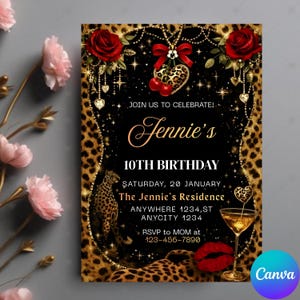 Peut inclure: Une invitation d'anniversaire avec un fond noir, des accents dor&eacute;s et une bordure l&eacute;opard. L'invitation comprend le texte "10e anniversaire de Jennie" et d'autres d&eacute;tails de l'&eacute;v&eacute;nement. Des roses rouges et un verre &agrave; cocktail sont &eacute;galement pr&eacute;sents.