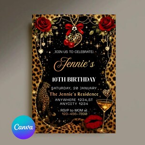 Peut inclure: Une invitation d'anniversaire avec une bordure l&eacute;opard et un fond noir. L'invitation comprend le texte "10e anniversaire de Jennie" et des informations RSVP. Des &eacute;l&eacute;ments d&eacute;coratifs incluent des roses rouges, des cerises et un verre &agrave; martini.