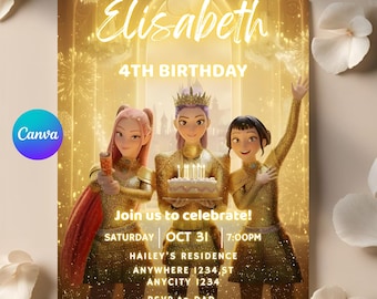 K-pop Demon Hunters Birthday Invitation - Editable Canva Template - Huntrix Golden White and Black Suits - Printable Birthday Party Invite