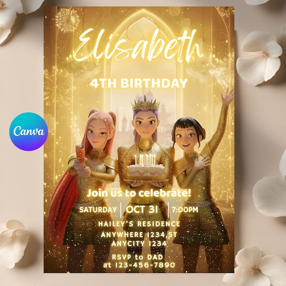 K-pop Demon Hunters Birthday Invitation - Editable Canva Template - Huntrix Golden White and Black Suits - Printable Birthday Party Invite