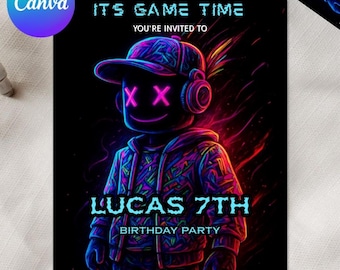 Roblox Invitation, Roblox Invite, Game Party, Roblox Boys Birthday Invitation Template, Game Birthday, Kids Roblox, Editable Template, Canva