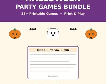 May include: A Halloween party games bundle featuring 25+ printable games. The graphic includes two orange pumpkins, a white ghost, and two black bows. A central rectangular card displays the text BINGO, TRIVIA, FUN, and MHStudioPK.