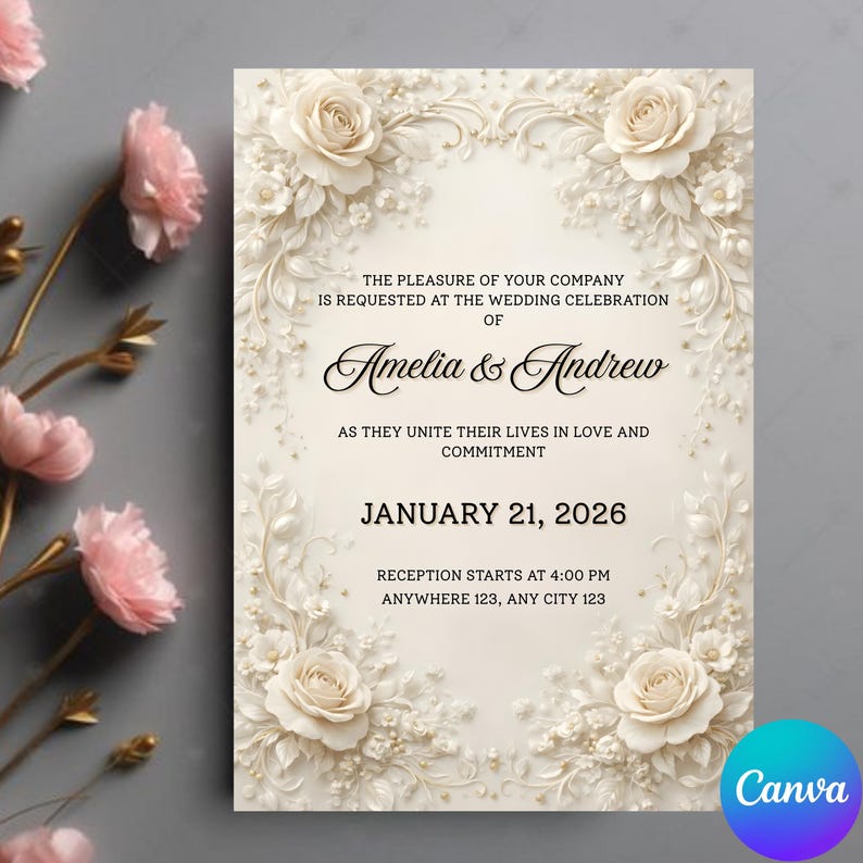 May include: Ivory wedding invitation with floral embellishments and the names Amelia & Andrew. The invitation includes the date January 21, 2026, and the reception time. The design features roses and decorative flourishes.